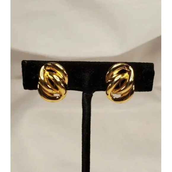 VINTAGE NAPIER EARRINGS Goldtone Love Knot Double Chain CLIP ON Adjustable Backs - Picture 1 of 9